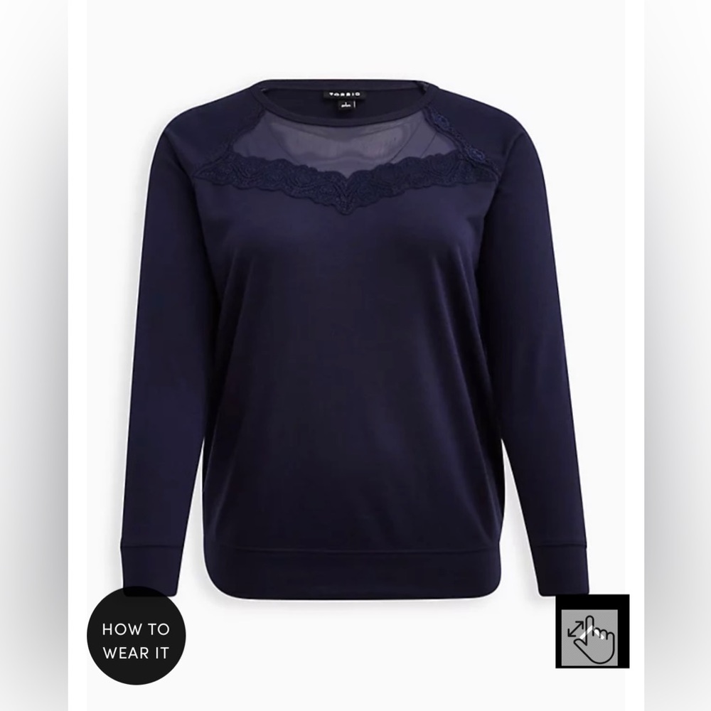Classic Lt Wt French Terry Crew Neck Mesh Inset raglan sweatshirt Torrid size 1